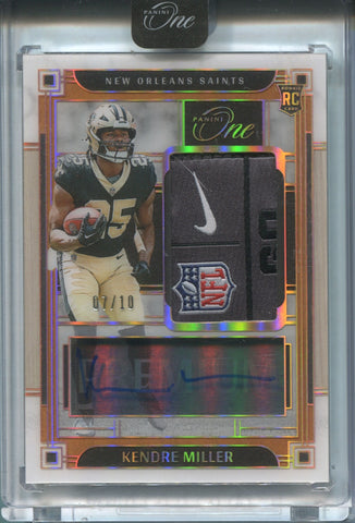 2023 Kendre Miller Panini One GOLD ROOKIE JUMBO LAUNDRY TAG AUTO 07/10 AUTOGRAPH RELIC #143 New Orleans Saints