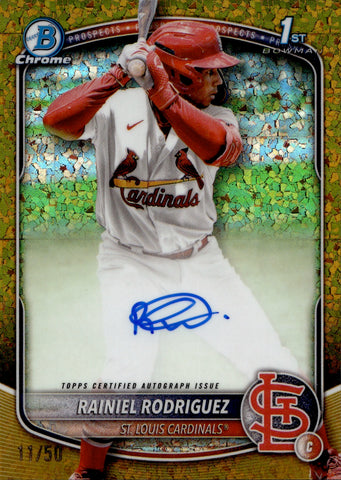 2025 Rainiel Rodriguez Bowman Chrome 1ST BOWMAN PROSPECT GOLD MINI-DIAMOND AUTO 11/50 AUTOGRAPH #CPA-RR St. Louis Cardinals