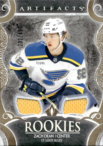 2024-25 Zach Dean Upper Deck Artifacts ROOKIE GOLD MATERIALS DUAL JERSEY 202/499 RELIC #178 St. Louis Blues
