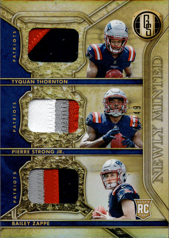 2022 Bailey Zappe Tyquan Thornton Pierre Strong Jr. Panini Gold Standard ROOKIE TRIPLE PATCH 47/49 RELIC RC #NMT-NEP New England Patriots
