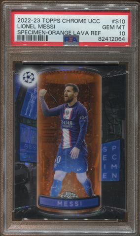 2022-23 Lionel Messi Topps Chrome UCC SPECIMEN ORANGE LAVA REFRACTOR  PSA 10 Paris Saint-Germain #S10 2064