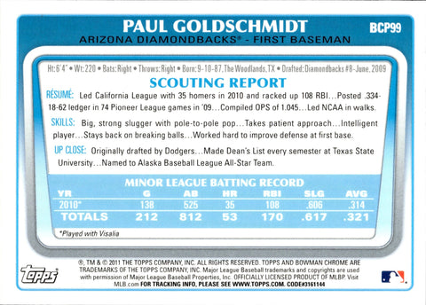 2011 Bowman Chrome Prospects bcp99 Paul Goldschmidt Rookie