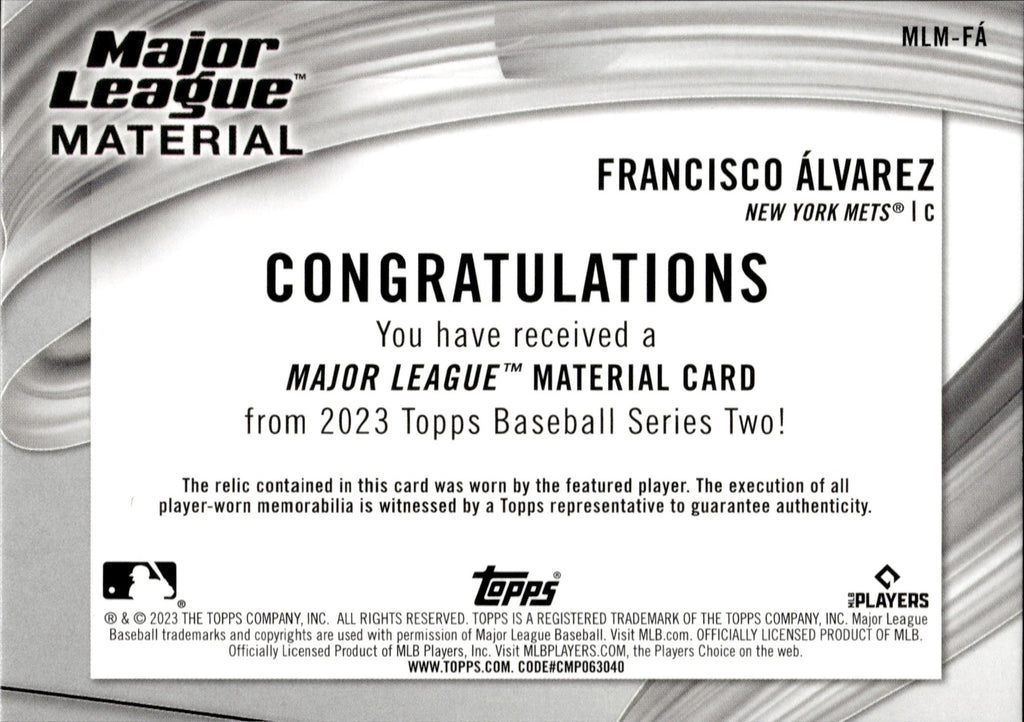 Francisco Alvarez 2023 Topps Series 2 Major League Material Jersey Relic  Rookie