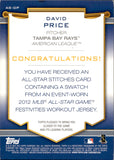 2012 David Price Topps Update ALL-STAR STITCHES JERSEY RELIC #AS-DP Tampa Bay Rays