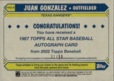2022 Juan Gonzalez Topps 1987 DESIGN SILVER AUTO 31/50 AUTOGRAPH #87ASA-JG Texas Rangers