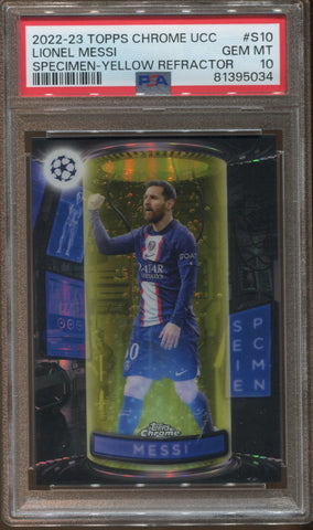 2022-23 Lionel Messi Topps Chrome UCC SPECIMEN YELLOW REFRACTOR 120/125 PSA 10 Paris Saint-Germain #S10 5034