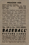 1952 Preacher Roe Bowman #168 Brooklyn Dodgers BV $25
