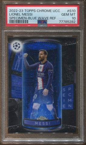 2022-23 Lionel Messi Topps Chrome UCC SPECIMEN BLUE WAVE REFRACTOR 14/75 PSA 10 Paris Saint-Germain #S10 5282