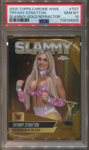 2025 Tiffany Stratton Topps Chrome SLAMMY GOLD REFRACTOR 35/50 PSA 10 #TST 4005