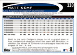 2012 Matt Kemp Topps SP PHOTO VARIATION #330 Los Angeles Dodgers