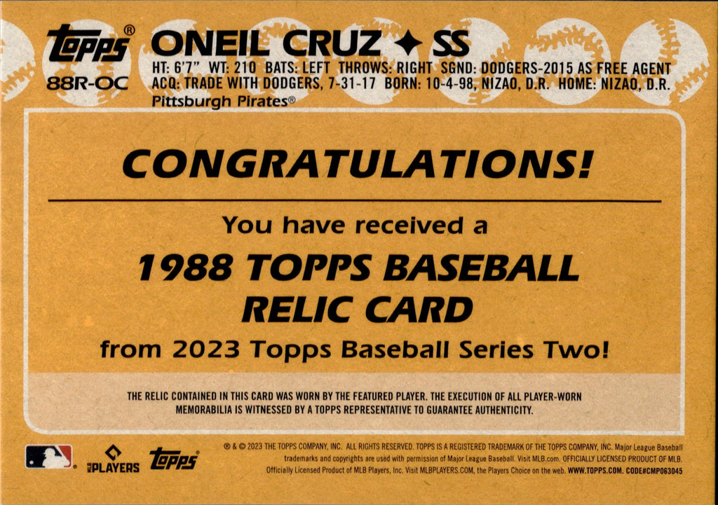 2023 Topps Series 2 Two ONEIL CRUZ 1988 Jersey Relic Pittsburgh Pirates