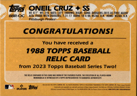 2023 Oneil Cruz Topps Series 2 1988 DESIGN JERSEY RELIC #88R-OC Pittsb