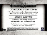 2012 Sandy Koufax Topps Series 1 HISTORICAL STITCHES PATCH Brooklyn Dodgers #HS-SK