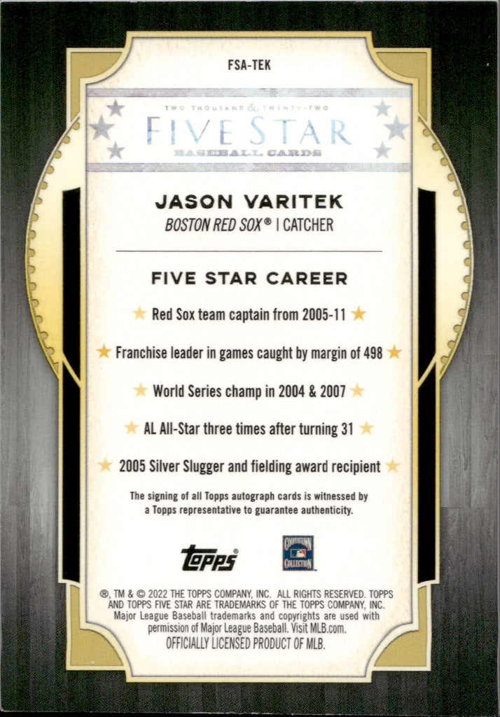 2022 Jason Varitek Topps Five Star PURPLE AUTO JERSEY NUMBER 33/50 AUT