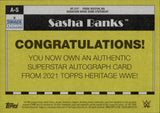 2021 Sasha Banks Topps Heritage WWE AUTO 147/199 AUTOGRAPH #A-S Friday Night Smackdown