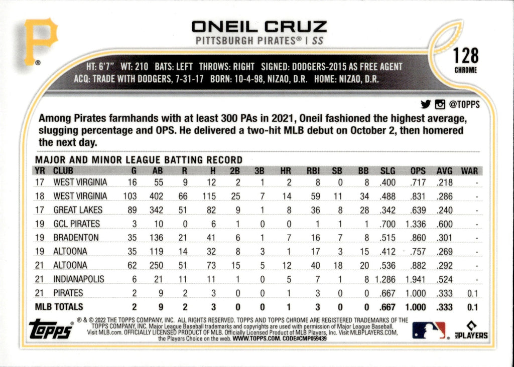 2022 Oneil Cruz Topps Chrome Refractor ROOKIE JERSEY Card! Mint!