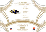 2025 Lamar Jackson Derrick Henry Mark Andrews Panini Flawless RUBY RED TRIPLE LOGO PATCH 07/15 #TP-BAL Baltimore Ravens