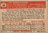 1952 Clyde Kluttz Topps WHITE BACK ROOKIE RC #132 Washington Senators BV $50