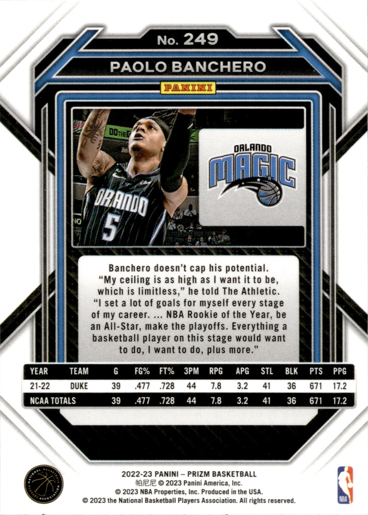 2022-23 Paolo Banchero Panini Prizm ROOKIE RC #249 Orlando Magic 1