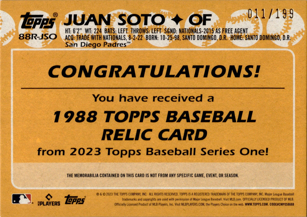2023 Juan Soto Topps Series 1 BLACK 1988 DESIGN JERSEY 011/199 RELIC #