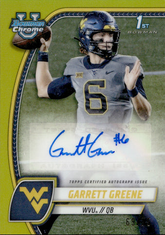 2024 Garrett Greene Bowman University Chrome 1ST BOWMAN YELLOW REFRACTOR ROOKIE AUTO 69/75 AUTOGRAPH #PA-GGR Tampa Bay Buccaneers