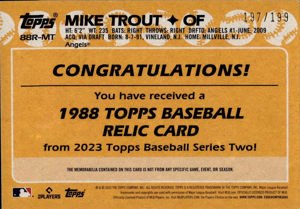 2023 Mike Trout Topps Series 1 BLACK 1988 DESIGN JERSEY 197/199 RELIC