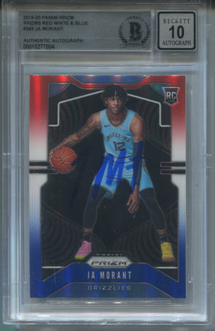 2019-20 Ja Morant Panini Prizm BAS 10 AUTHENTIC RED WHITE & BLUE ROOKIE AUTO AUTOGRAPH #249 Memphis Grizzlies 7884