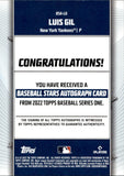 2022 Luis Gil Topps Series 1 ROOKIE BASEBALL STARS AUTO AUTOGRAPH RC #BSA-LG New York Yankees
