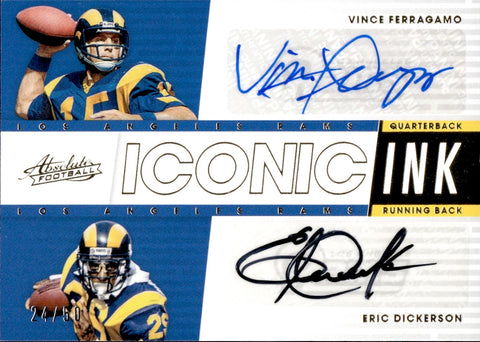 2018 Eric Dickerson Vince Ferragamo Panini Absolute ICONIC INK DUAL AUTO 24/50 AUTOGRAPH #ID-VE Los Angeles Rams
