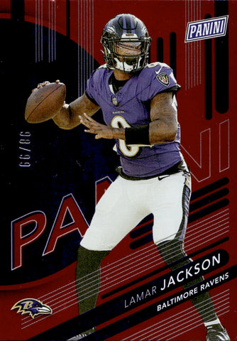 2024 Lamar Jackson Panini National Convention RED 98/99 #3 Baltimore Ravens