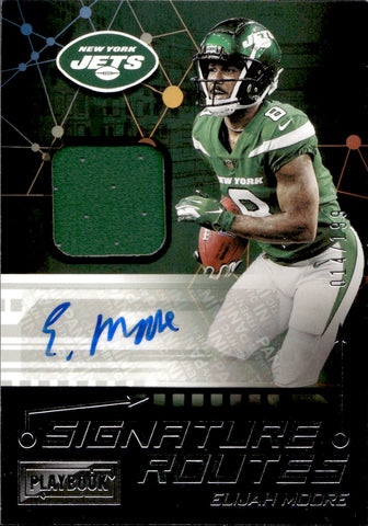 2021 Elijah Moore Panini Playbook SIGNATURE ROUTES JERSEY AUTO 014/199 AUTOGRAPH RELIC #SRO-EMO New York Jets