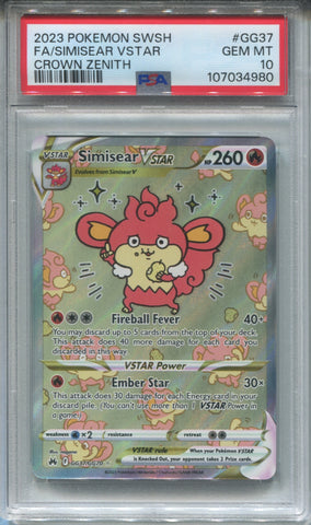 2023 FA/ Simisear VSTAR Pokemon Sword & Shield CROWN ZENITH PSA 10 #GG37 4980