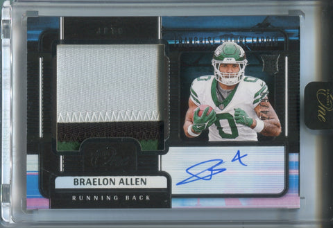 2024 Braelon Allen Panini One ROOKIE FRANCHISE FUTURE FABRICS JUMBO PATCH AUTO 24/99 AUTOGRAPH RELIC RC #85 New York Jets
