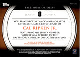 2012 Cal Ripken Jr. Topps Series 1 COMMEMORATIVE RETIRED NUMBER PATCH Baltimore Orioles #RN-CR