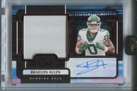 2024 Braelon Allen Panini One RED ROOKIE FRANCHISE FUTURE FABRICS JUMBO PATCH AUTO 44/49 AUTOGRAPH RELIC RC #85 New York Jets