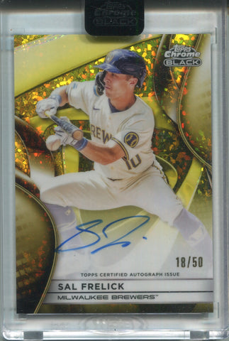 2025 Sal Frelick Topps Chrome Black YELLOW MINI DIAMOND AUTO 18/50 AUTOGRAPH #CBA-SF Milwaukee Brewers