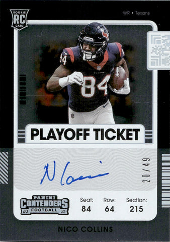 2021 Nico Collins Panini Contenders ROOKIE VARIATION PLAYOFF TICKET AUTO 20/49 AUTOGRAPH RC #127 Houston Texans