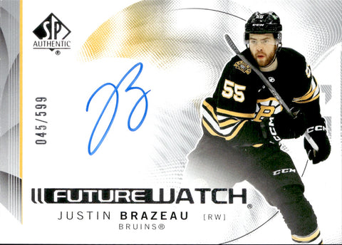 2024-25 Justin Brazeau Upper Deck SP Authentic ROOKIE FUTURE WATCH HORIZONTAL AUTO 045/599 AUTOGRAPH RC #129 Boston Bruins