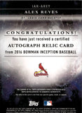2016 Alex Reyes Bowman Inception JERSEY AUTO 29/50 JERSEY NUMBER AUTOGRAPH RELIC #IAR-AREY St. Louis Cardinals