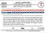 2024 Wyatt Langford Topps Update GREEN FOIL ROOKIE 273/499 RC #US151 Texas Rangers