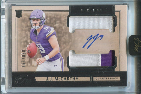 2024 J.J. McCarthy Panini One ROOKIE DUAL PATCH AUTO 090/199 AUTOGRAPH RELIC #31 Minnesota Vikings