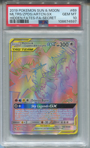 2019 Moltres & Zapdos & Articuno GX Pokemon Sun & Moon HIDDEN FATES FA SECRET PSA 10 #69 4597