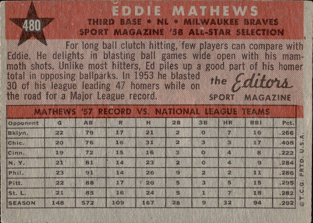 1958 Topps #480 Eddie Mathews All-Star [#] (Braves)