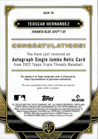 2022 Teoscar Hernandez Topps Triple Threads EMERALD JUMBO JERSEY AUTO