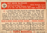 1952 Roy McMillan Topps WHITE BACK ROOKIE RC #137 Cincinnati Reds BV $50