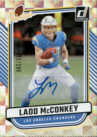 2024 Ladd McConkey Panini Donruss THE ROOKIES ROOKIE AUTO 213/299 AUTOGRAPH RC #TR-5 Los Angeles Chargers