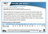 2013 Hyun-Jin Ryu Topps WEARING SUNGLASSES SP PHOTO VARIATION #661 Los Angeles Dodgers