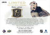 2021-22 Robin Lehner Upper Deck SP Authentic LIMITED AUTO MATERIAL PATCH 44/100 AUTOGRAPH #LAM-RL Vegas Golden Knights