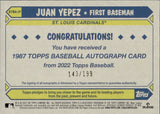2022 Juan Yepez Topps 1987 DESIGN AUTOGRAPH ROOKIE 143/199 AUTO RC #87BA-JY St. Louis Cardinals