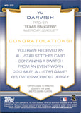 2012 Yu Darvish Topps ALL-STAR STITCHES WORKOUT JERSEY #AS-YD Texas Rangers